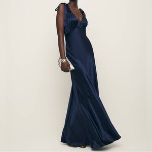 Reformation Pernille navy blue 100% silk maxi dress Women’s Sz XS/0